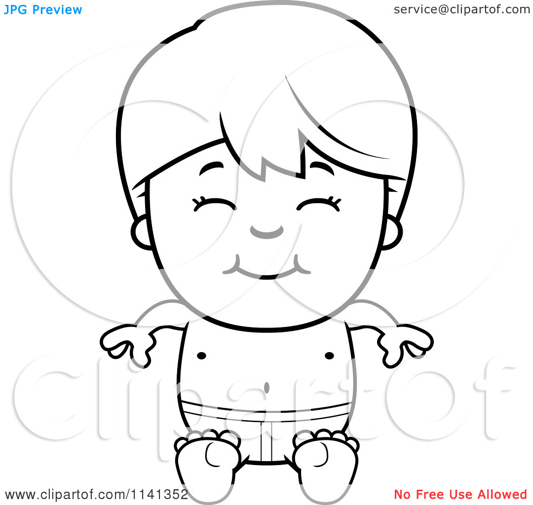 Cartoon Clipart Of A Black And White Happy Boy Sitting In Swim Trunks    