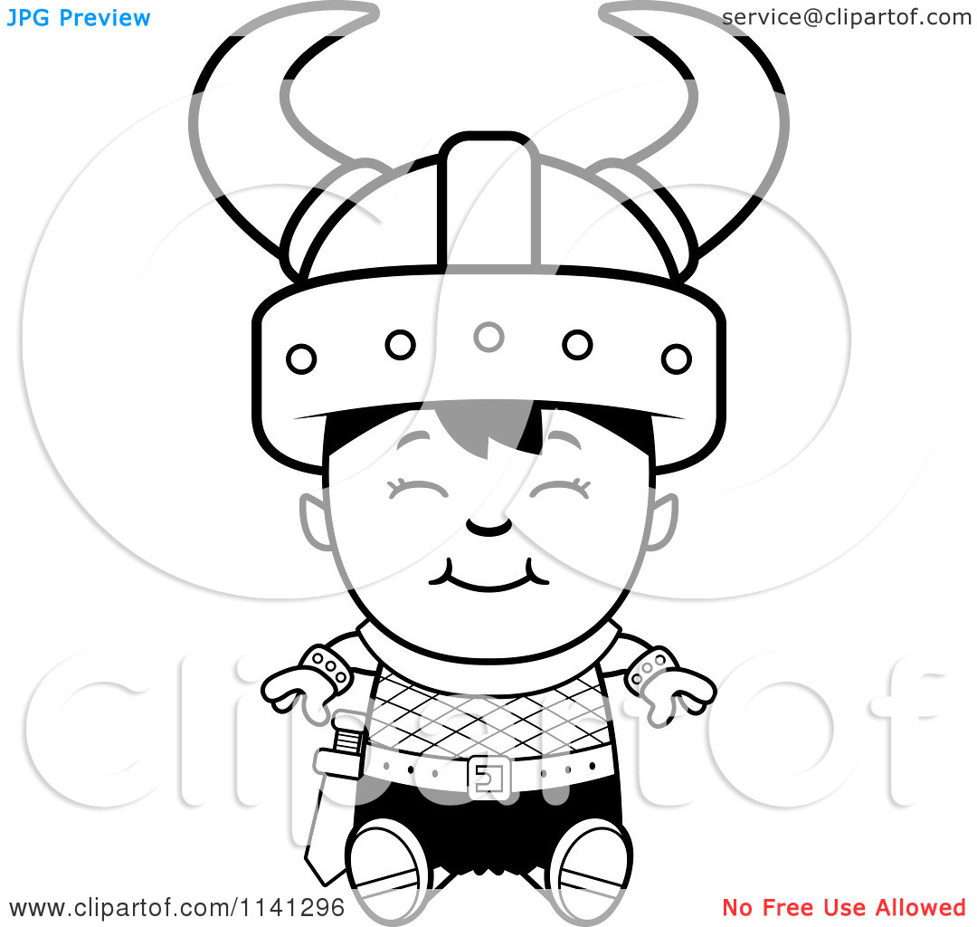 Cartoon Clipart Of A Black And White Happy Ogre Viking Boy Sitting    