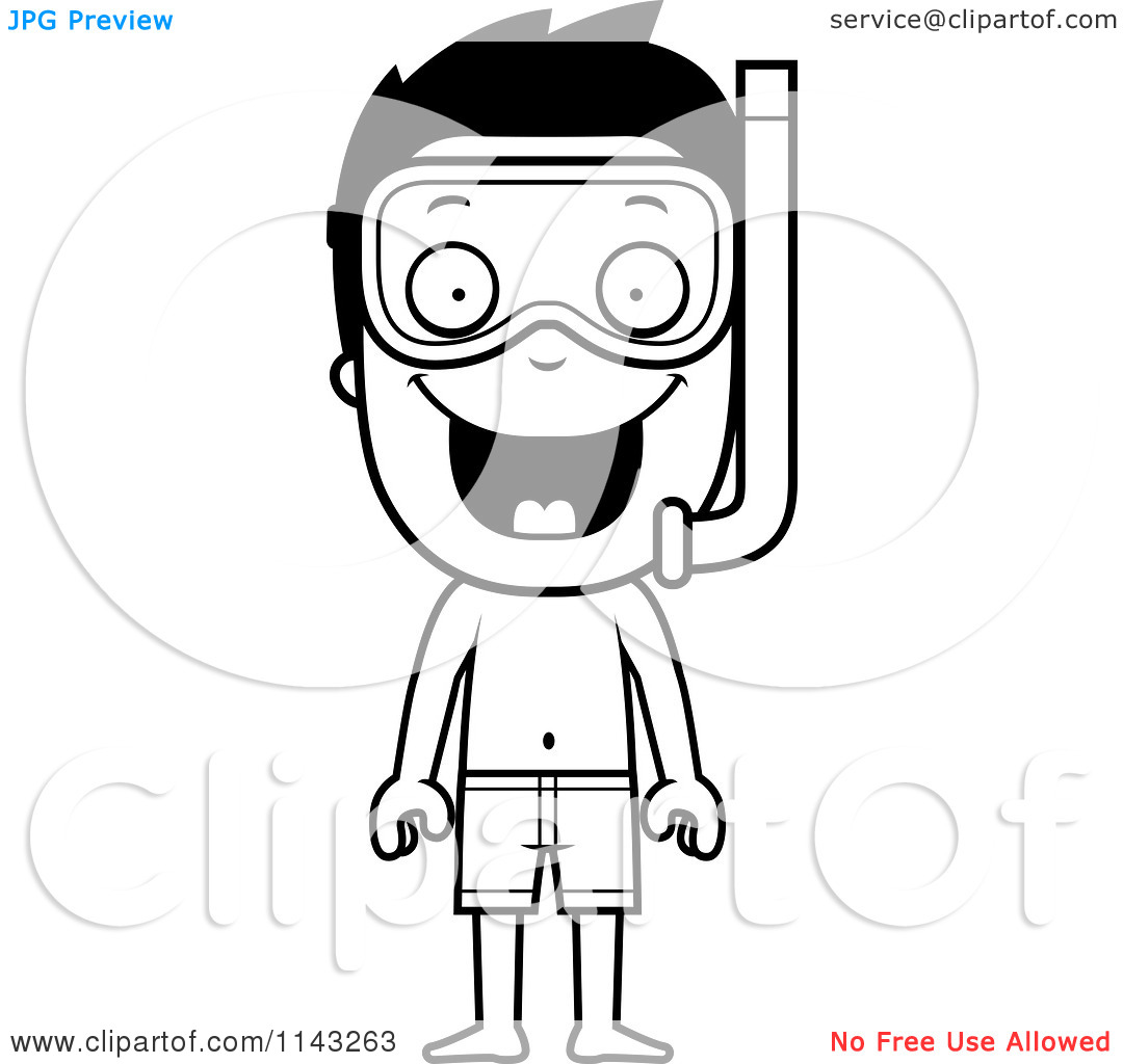 Cartoon Clipart Of A Black And White Happy Summer Boy Wearing Snorkel