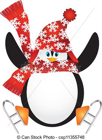 Christmas Penguin With Santa Hat And Scarf Ice Skating Doing The Split
