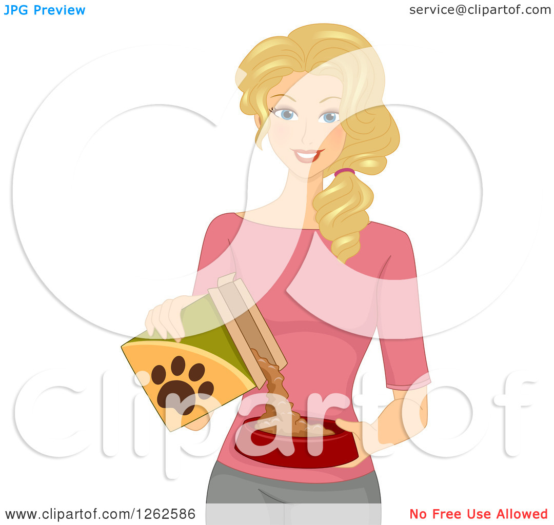 Clipart Of A Blond Caucasian Woman Pouring Dog Food   Royalty Free
