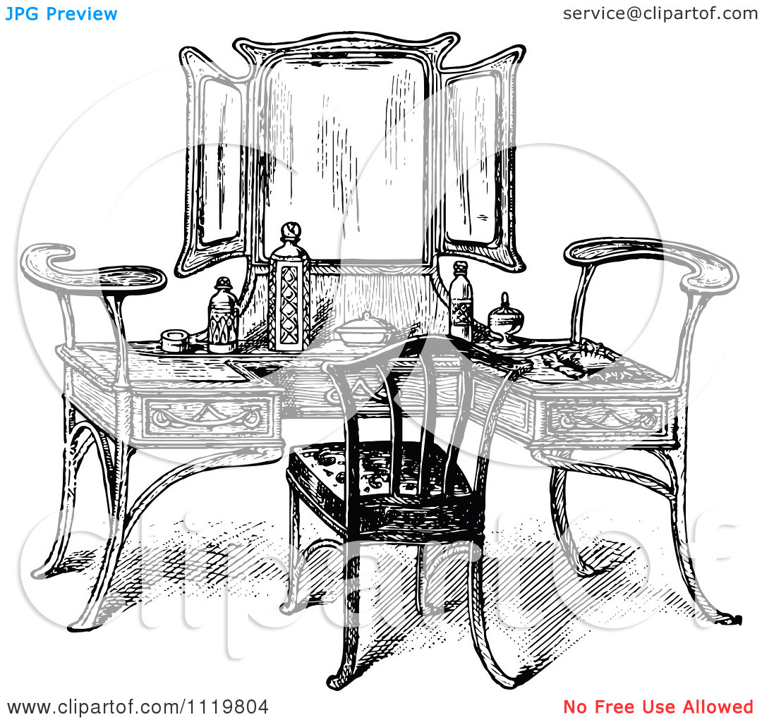 Clipart Of A Retro Vintage Black And White Vanity Table   Royalty Free