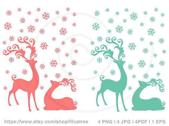 Deer Couple Reindeer Red Blue Teal Coral Xmas Instant Download