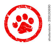 Red Paw Print Inside Circle Frame Grunge Clipart Isolated On White    