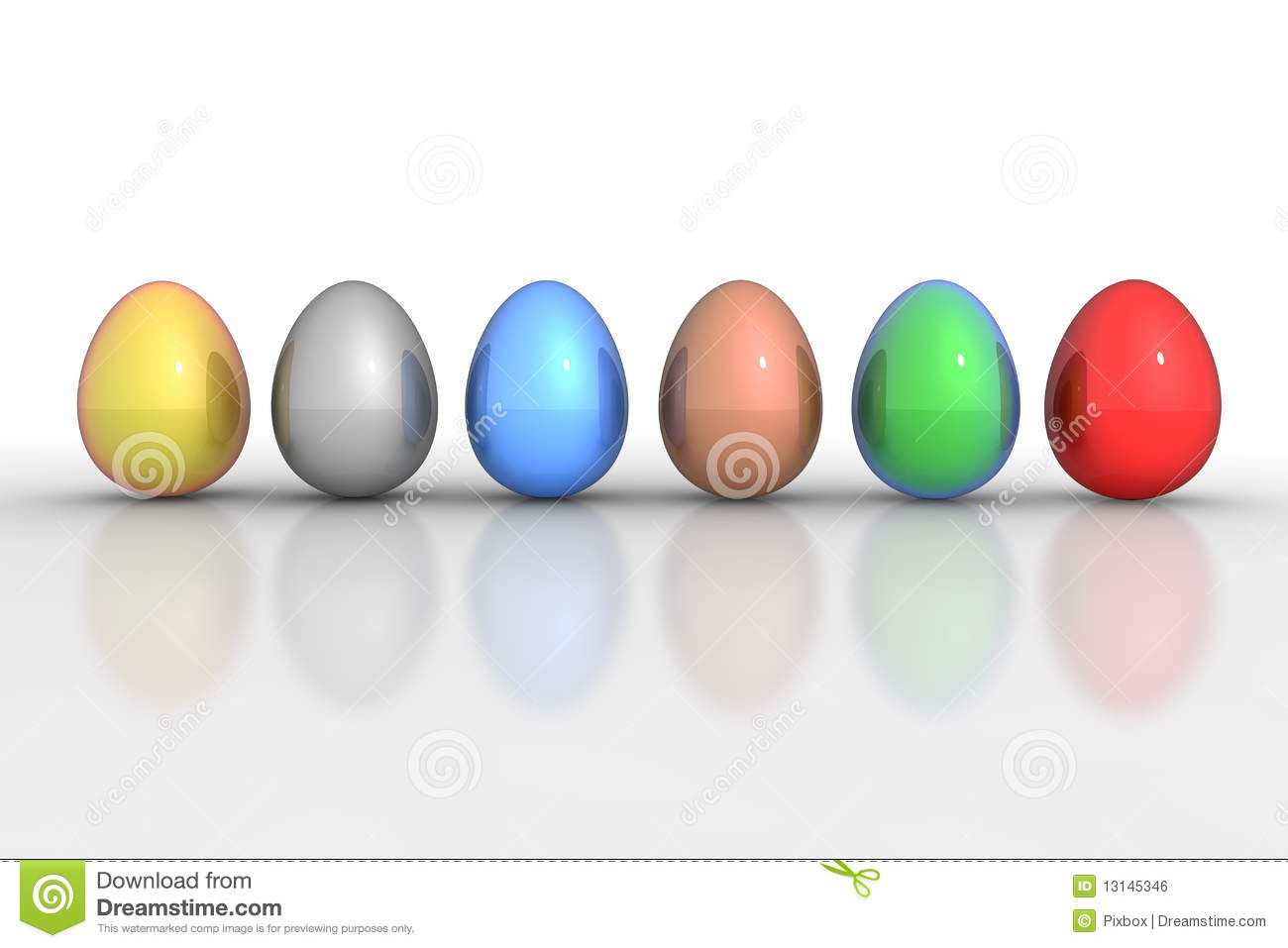 Six Metallic Eggs In A Line   Colourful Mix Royalty Free Stock Image