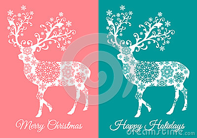 Teal And Coral Christmas Cards With Reindeer Silhouette Vector Set