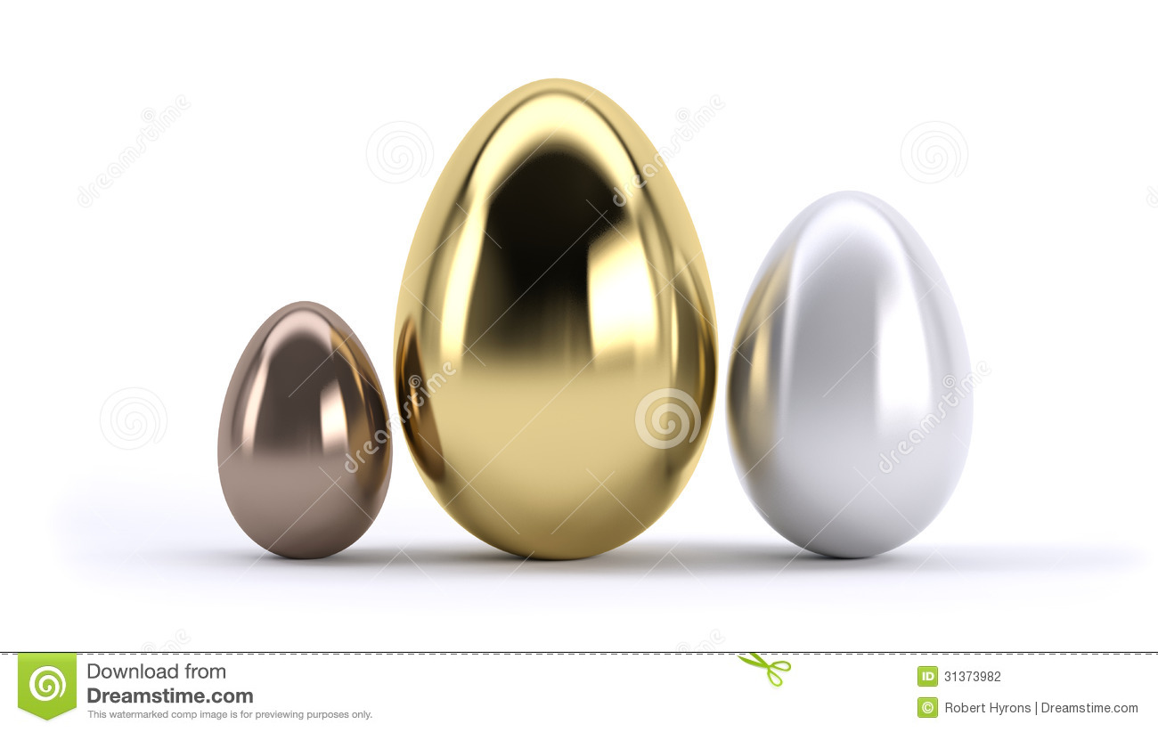 Three Eggs Gold Silver And Bronze On White Background  Concept Of