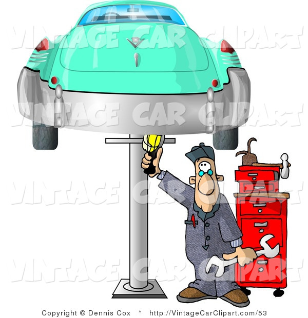 Clipart Of A Mechanic Working On An Old Classic Car Up On A Stand By