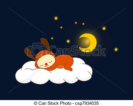 Clipart Vector Of Reindeer Sleeping On A Cloud   Cute Kid In Reindeer