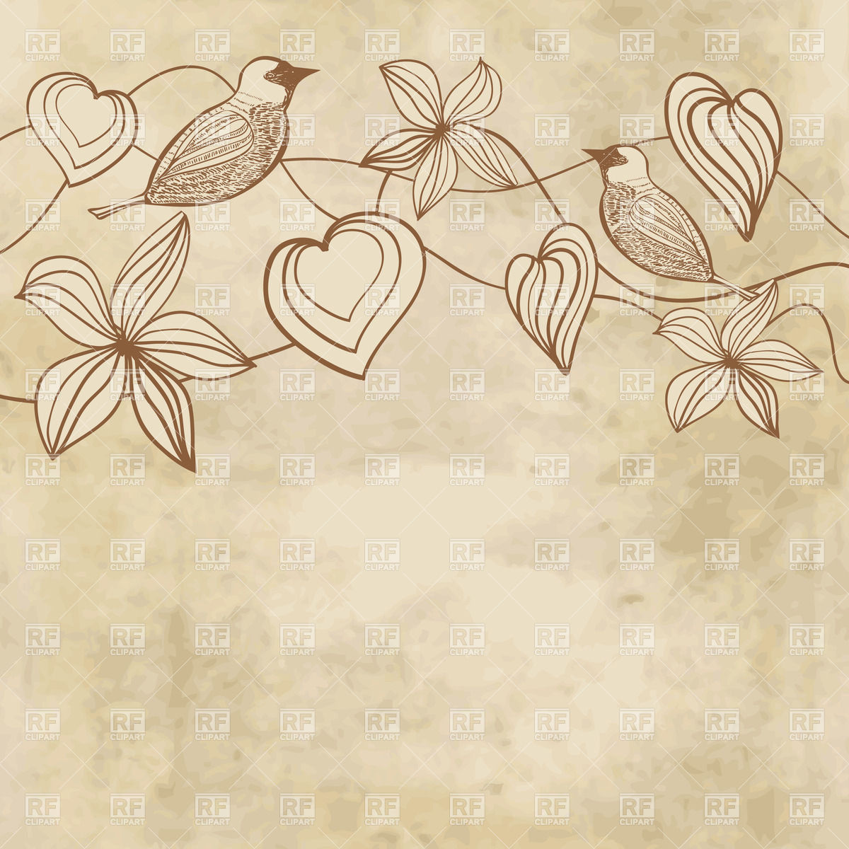 Romantic Vintage Card With Birds And Floral Plant On Worn Background