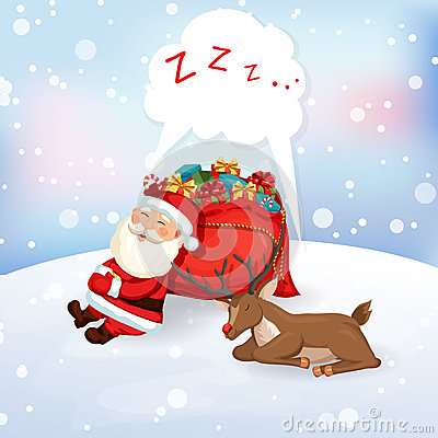 Santa Claus Sleeping On A Bag Of Gifts With Reindeer  Christmas Vector