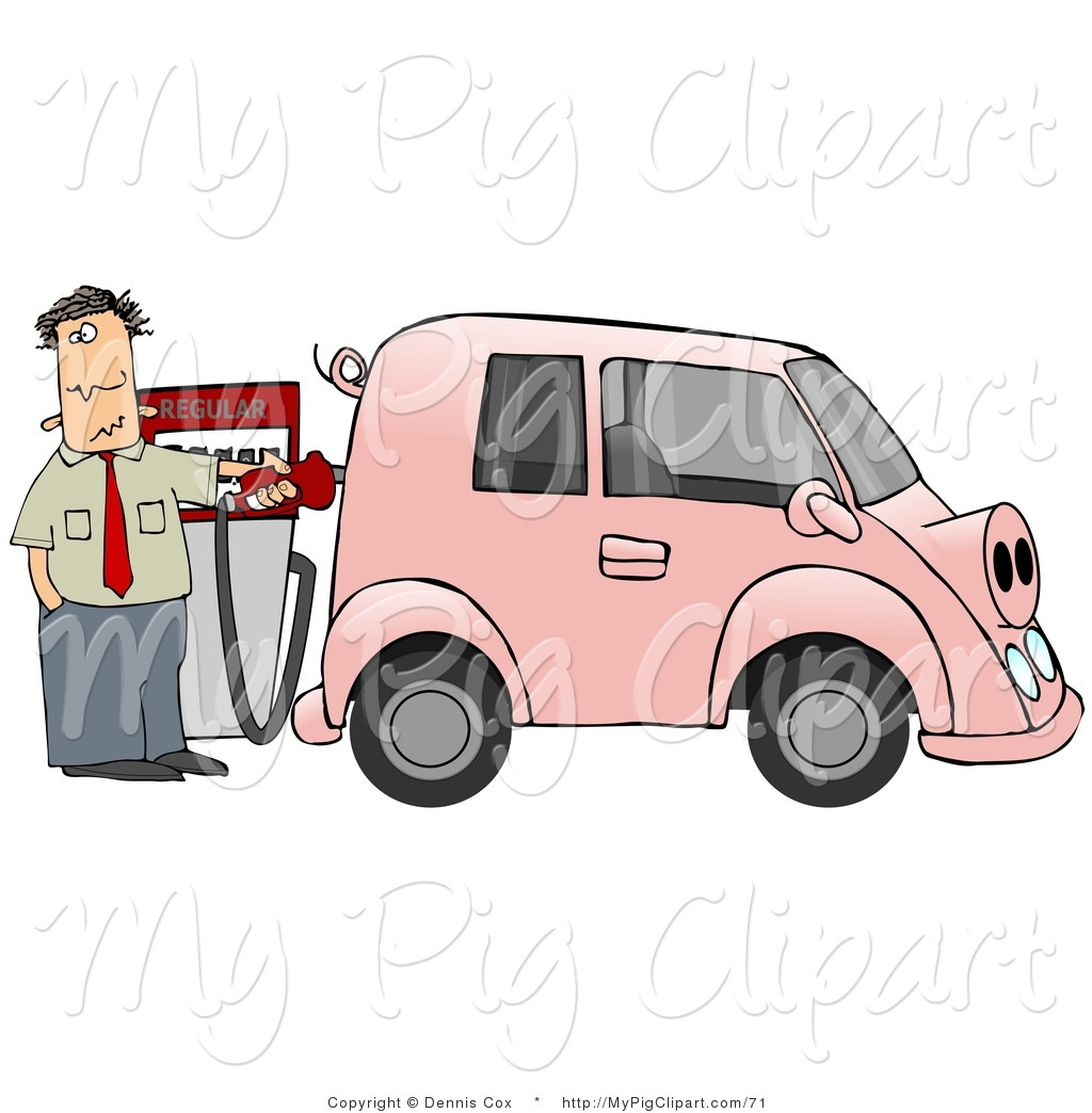 Swine Clipart Of A An Anxious Man Filling Up His Pink Gas Hog Vehicle    