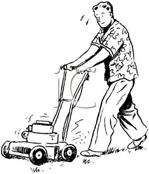 Black And White Vintage Cartoon Of A Man Mowing The Lawn   Royalty