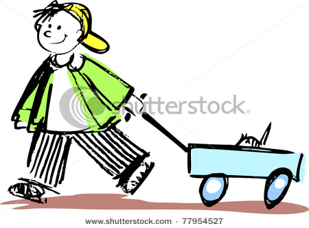 Girl Pulling A Wagon   Vector Clipart Illustration