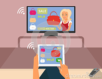 Multiscreen Interaction  Woman Is Purchasing Red Bag Online In Tv Shop