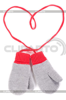 Pair Of Gray Baby Mittens On A String In The Form Of Heart  Isolate On