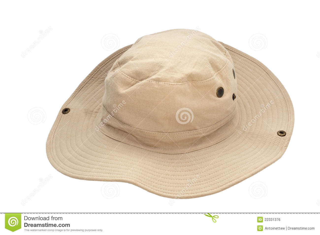 Safari Hat In Khaki Colored Fabric With Snap Fasteners On A White    