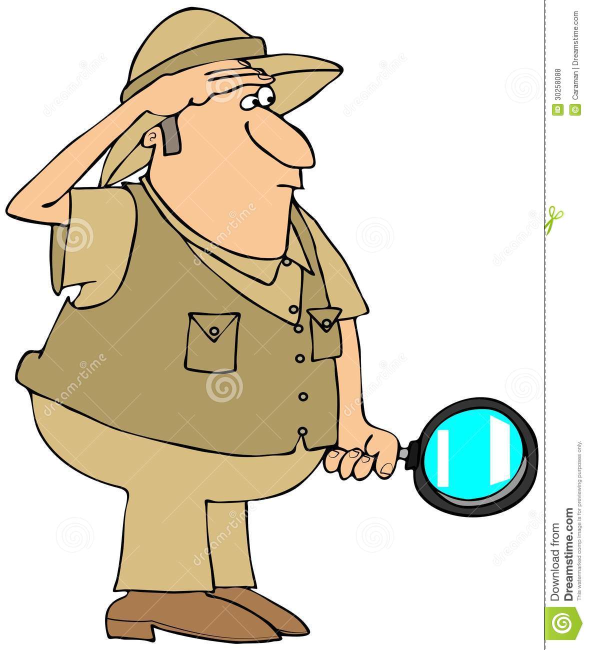 This Illustration Depicts A Man In A Safari Hat And Vest Holding A