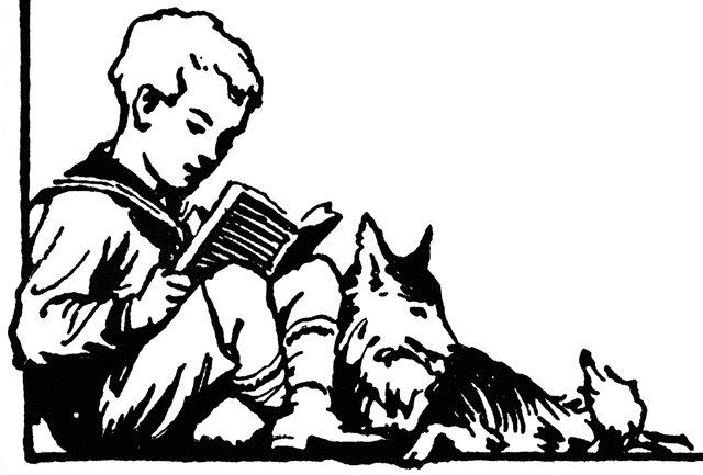 Young Boy Sitting With Dog Reading   Clipart Etc