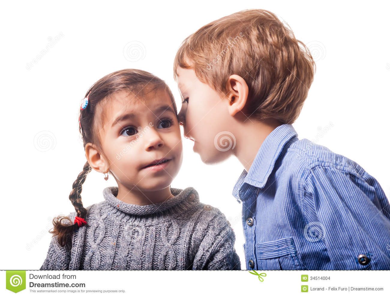 Boy Whispering To A Girl On White Background 