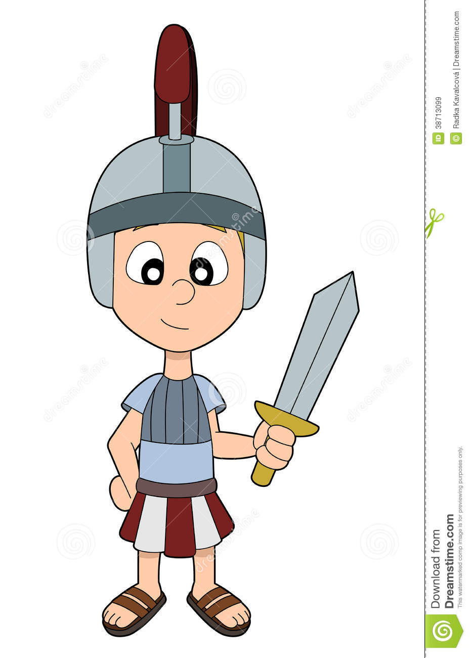 Child Dressed In Roman Legionnaire Costume Holding A Sword Isolated