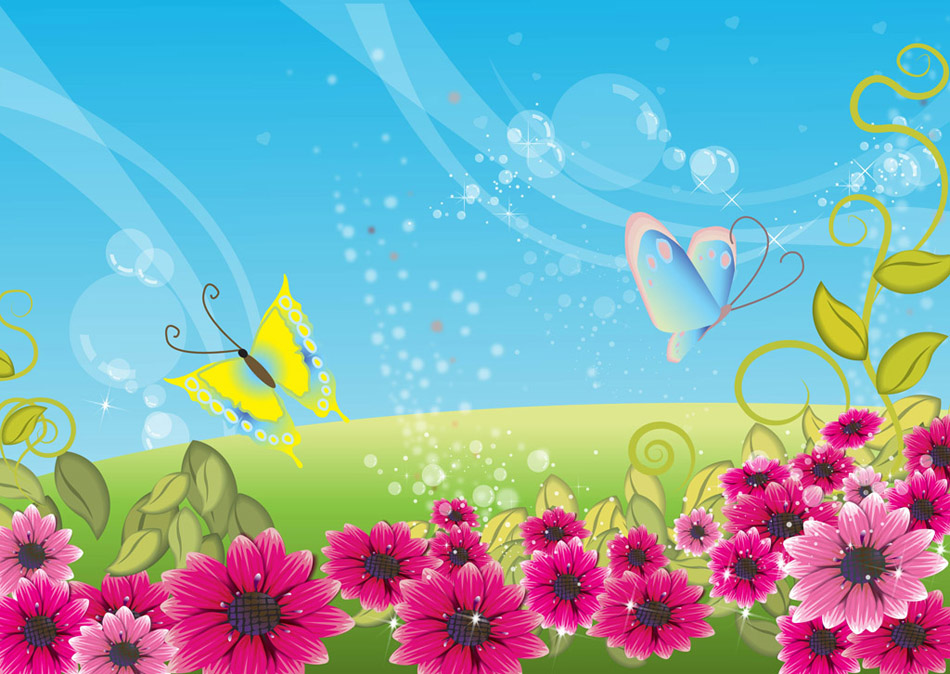 Colorful Landscape With Pink Flowers Yellow Butterfly And Blue Sky
