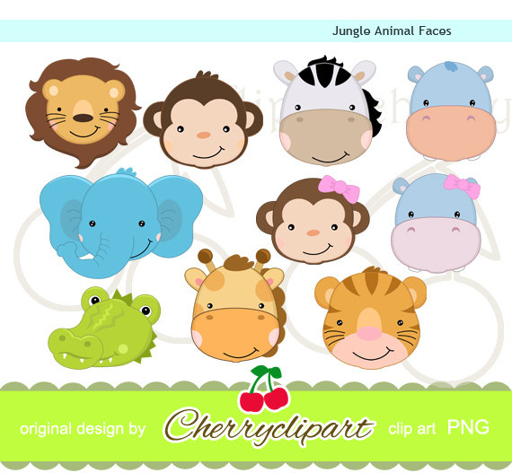 Cute Jungle Animal Faces Digital Clipart Set For Paper Craftscard