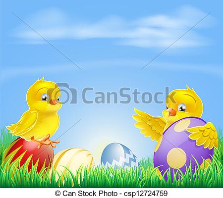 Little Yellow Easter Baby Chickens With Colorful Decorated Easter Eggs