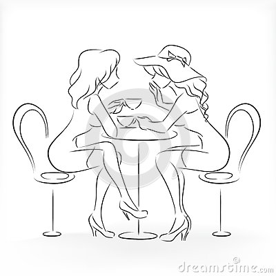 Two Slender Beautiful Graceful Young Ladies Sit In Cafe Whisper And    