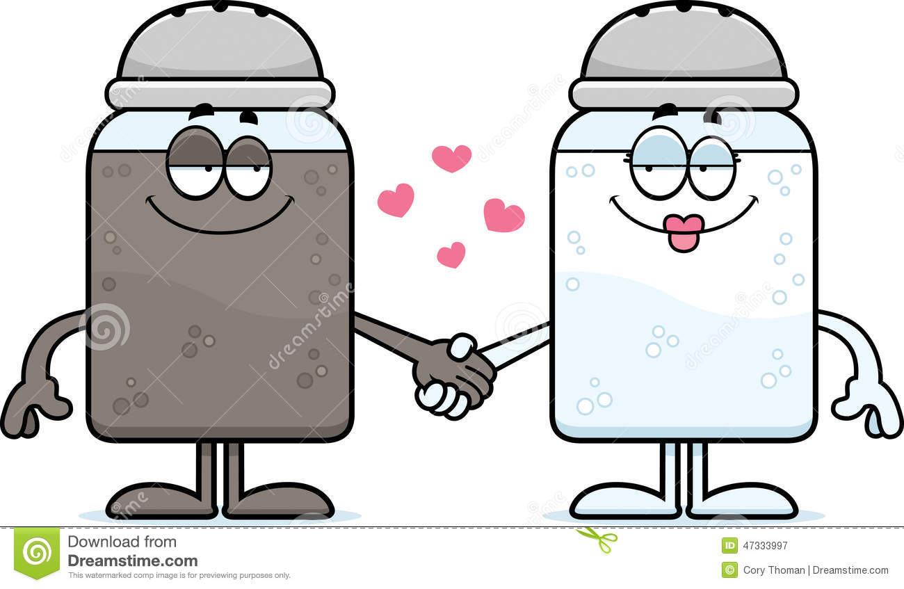 Cartoon Illustration Of A Salt And Pepper Shaker Holding Hands