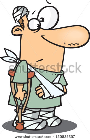Cartoon Man All Bandaged Up With A Cast And Crutches Stock Vector