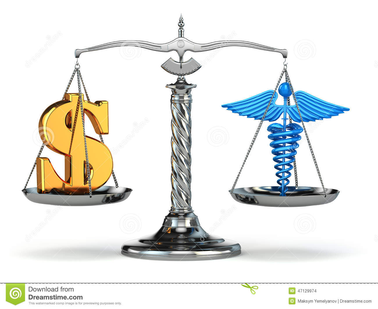 Choice Health Or Money  Caduceus And Dollar Signs On Scales  Stock    