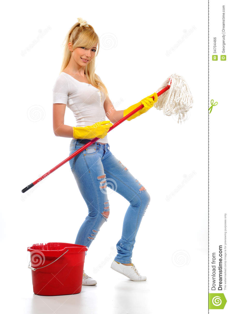 Cleaning Woman Washing Floor With Mop And Bucket During Spring