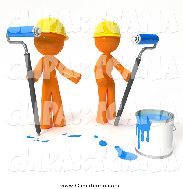 Clip Art Of A 3d Orange Guy And Gal Painting With Blue Paint