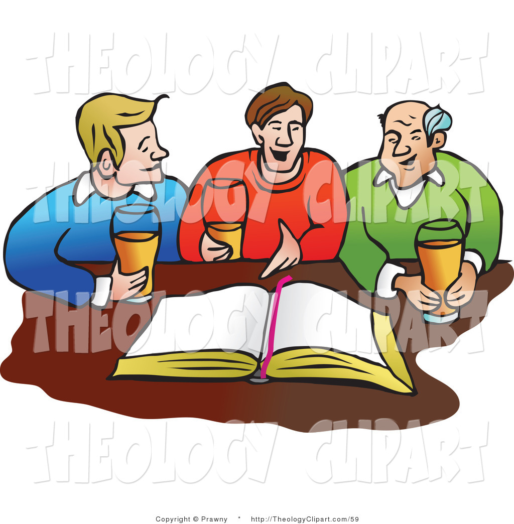 Clip Art Of Three Men Drinking Beer In Front Of An Open Bible