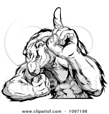 Clipart Grayscale Champion Polar Bear Mascot Flexing And Holding Up A    