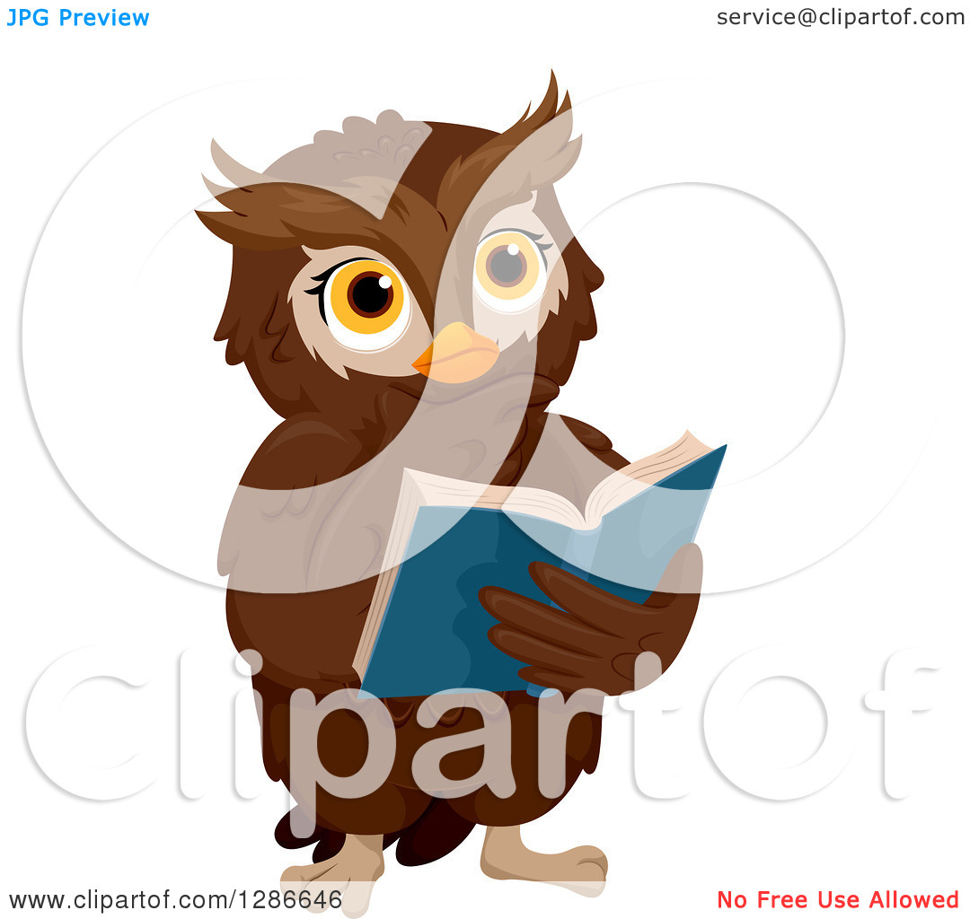 Clipart Of A Brown Owl Thinking And Reading A Book   Royalty Free