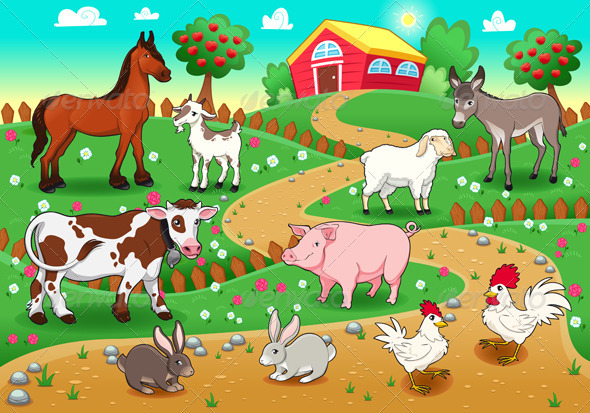 Farm Animals With Background  Vector And Cartoon Illustration