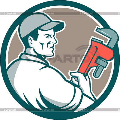 Plumber Monkey Wrench Side Circle Retro   Stock Vector Graphics   Id