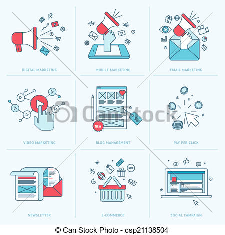 Vector Clipart Of Flat Line Icons For Marketing   Set Of Flat Line