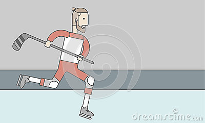 Caucasian Hockey Player With Beard Skating With A Stick On The Ice