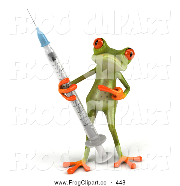 Of A 3d Green Tree Frog Carrying And Pointing To A Flu Vaccine Syringe