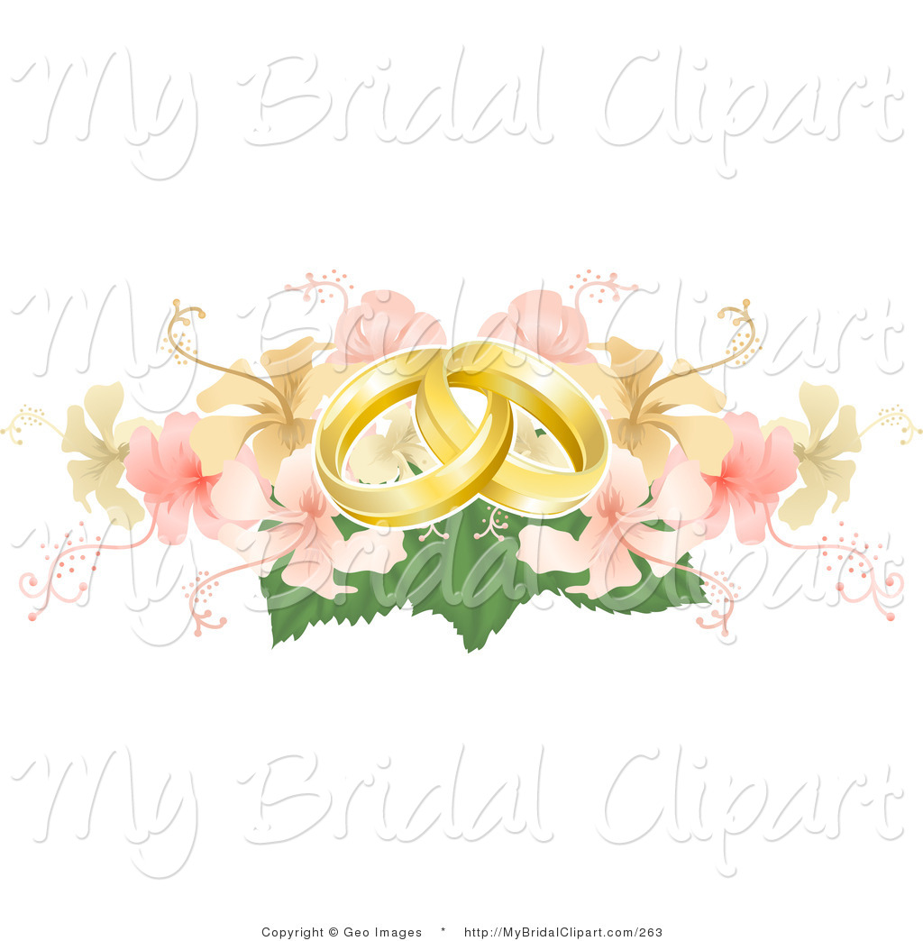 Pink Hibiscus Bouquet Two Entwined Golden Wedding Bands Pink Ribbon
