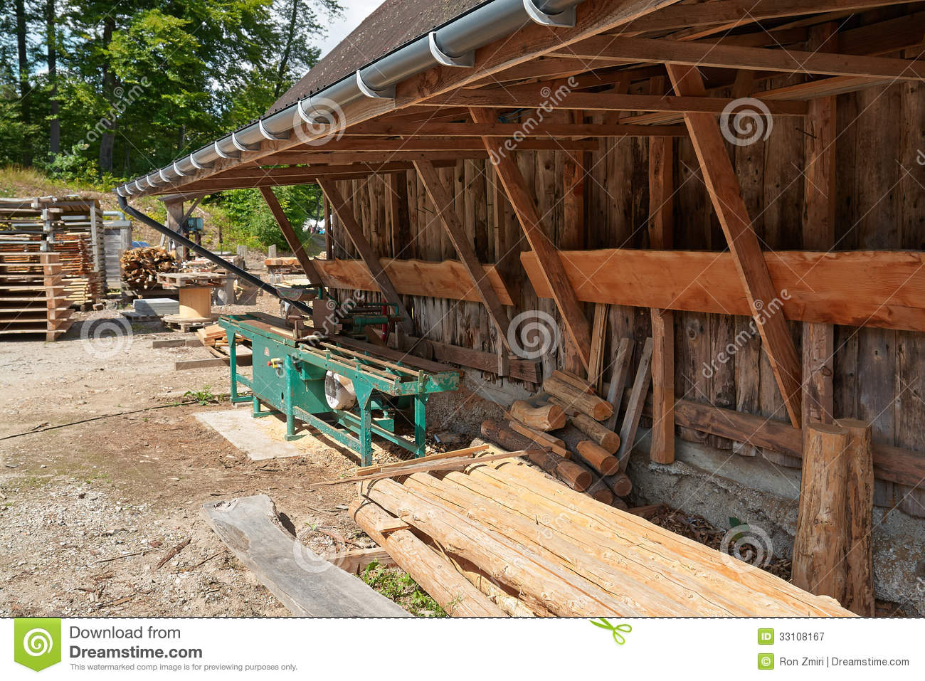 Small Traditional Sawmill Lumber Mill With A Saw Table And Wood Logs