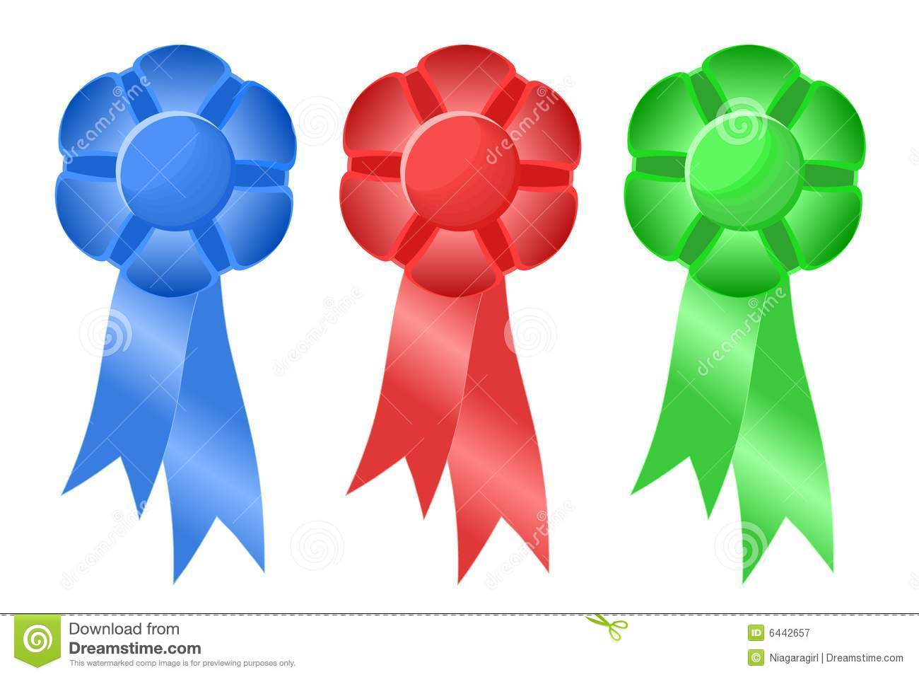 Three Prize Or Award Ribbons In Blue Red And Green Symbolic Of First