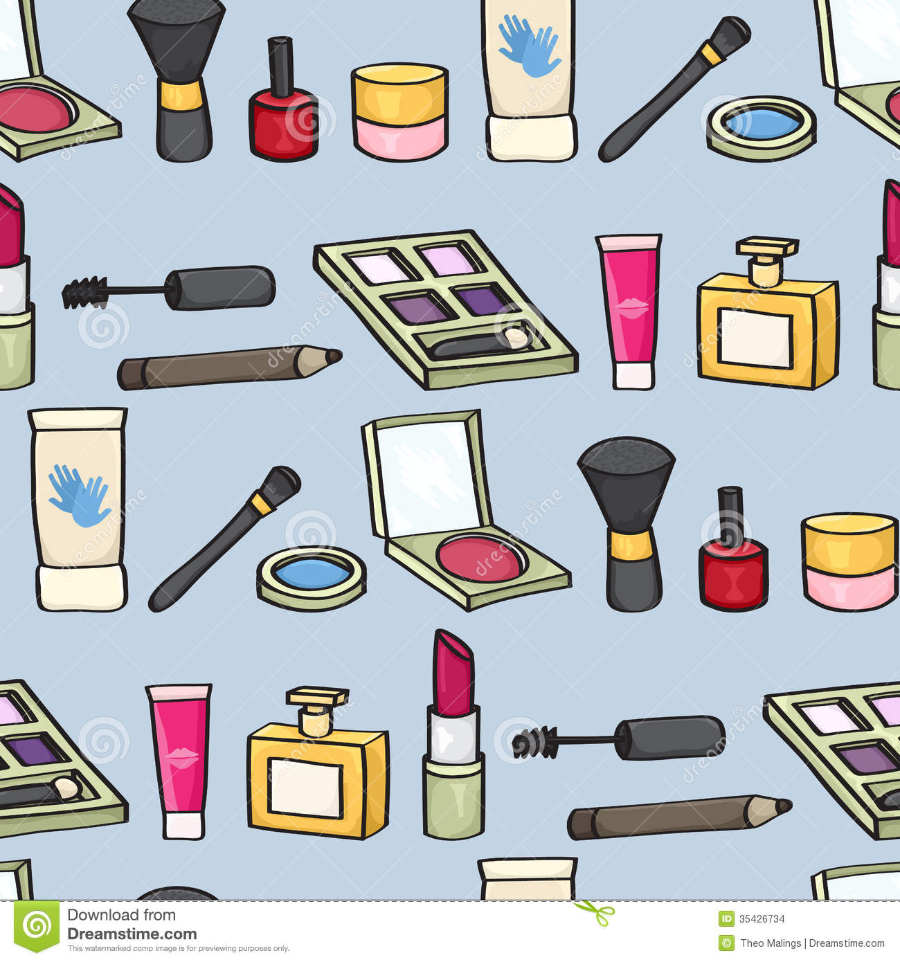 Background Tile With Cartoon Style Cosmetics On A Blue Background