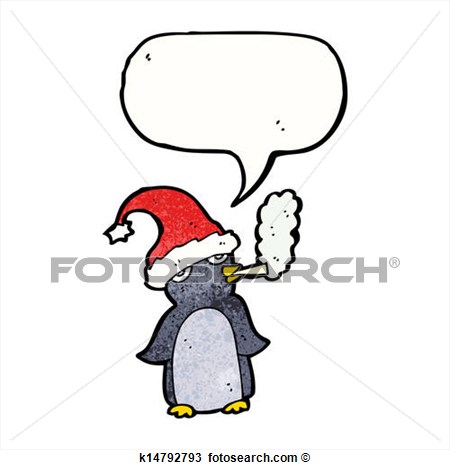 Cartoon Penguin In Christmas Hat Smoking Cigarette View Large Clip Art
