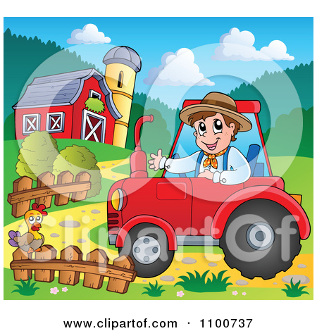 Clipart Happy Farmer Driving A Red Tractor By A Barn   Royalty Free