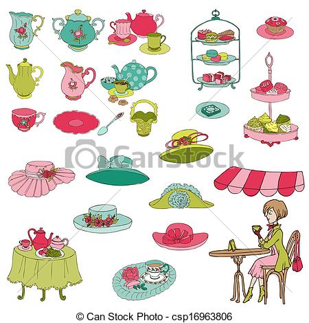 English Tea Party Set   For Design Scrapbook Photo Booth   In Vector
