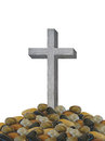 Isolated Grey Wooden Cross And Burial Pile Of Rocks Christian Symbol